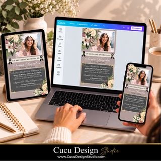 Plantilla de invitación fúnebre digital editable en Canva mostrada en computadora, tableta y teléfono, con diseño floral, foto  y formato para compartir desde dispositivos móviles.