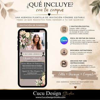 Qué incluye la plantilla de invitación fúnebre digital: diseño editable en Canva de 1080 x 1920 px, descarga instantánea, archivo PDF con instrucciones y opción para compartir.