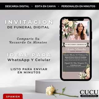 Invitación digital de funeral elegante con diseño floral en tonos beige, rosas y verdes, mostrada en pantalla de celular, incluye foto personalizada, nombre, fechas y detalles del servicio, ideal para compartir por WhatsApp o redes sociales, editable en Canva, descarga instantánea, plantilla fácil de usar para familias hispanas / Elegant floral digital funeral invitation in beige, pink and green tones displayed on smartphone, includes custom photo, name, dates and service details, perfect for sharing via Wh