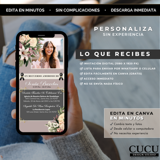 Plantilla de invitación funeral digital con estilo floral elegante, vista en celular sostenido en mano, muestra beneficios como edición fácil en Canva, acceso inmediato, lista para enviar desde celular, diseño moderno y delicado ideal para memoriales y celebraciones de vida, perfecta para usuarios sin experiencia / Floral funeral invitation template displayed on phone in hand, highlighting features like easy Canva editing, instant access, ready to send from mobile, modern and delicate design ideal for memor