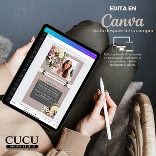 Ejemplo de edición de invitación de funeral en Canva desde tablet, mostrando cómo personalizar texto, fotos y detalles en minutos, diseño floral elegante en tonos suaves, plantilla accesible desde computadora, celular o tablet, ideal para crear un homenaje personalizado sin experiencia / Canva editing example on tablet showing how to customize funeral invitation with text, photos and details in minutes, soft floral elegant design, accessible from computer, phone or tablet, perfect for creating a personalize