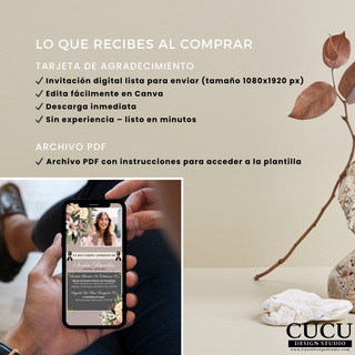 Detalles del producto mostrando lo que incluye la invitación digital de funeral, tamaño 1080x1920 px, lista para enviar por WhatsApp o celular, editable en Canva gratis, acceso inmediato tras la compra, sin envío físico, diseño floral elegante ideal para memoriales en español / Product details showing what’s included in digital funeral invitation, size 1080x1920 px, ready to send via WhatsApp or mobile, editable in Canva free, instant access after purchase, no physical item shipped, elegant floral design fo