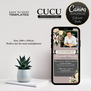 Printable funeral template, funeral templates, funeral digital card, smartphone funeral card, lectronic Funeral Announcement, Funeral Electronic Invitation for Smartphones, Electronic Celebration of Life invitation, Editable Evite, Cucu Design Studio, canva funeral cards, canva funeral templates, digital download memorial cards, downloadable funeral service card, memorial service invite card, mobile obituary invite, template funeral card, celebration of life mobile card