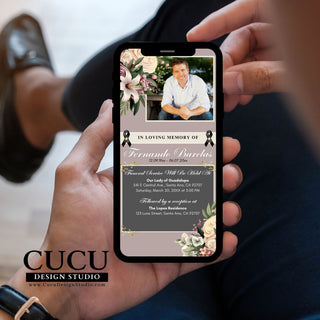 Printable funeral template, funeral templates, funeral digital card, smartphone funeral card, lectronic Funeral Announcement, Funeral Electronic Invitation for Smartphones, Electronic Celebration of Life invitation, Editable Evite, Cucu Design Studio, in loving memory mobile card, editable mobile funeral service card