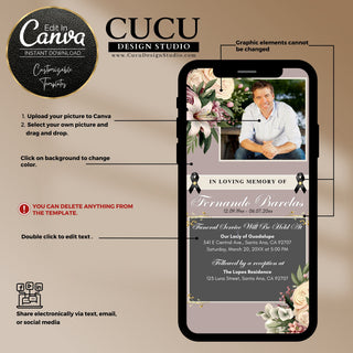 Spanish Mobile funeral card, Spanish Mobile celebration of life, Spanish Mobile personalized funeral cards, Spanish Mobile custom funeral card,  Mobile obituary card,  Mobile remembrance card,  Mobile memorial card,  Mobile funeral service template card,  Mobile personalized sympathy card,  Digital funeral invitation,   Digital funeral invitation template,  Text invite funeral card,  Phone funeral announcement,  plantillas de funeral, editable celebration of life cards, in loving memory templates