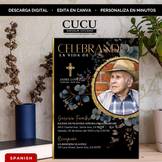Invitación de funeral editable con foto personalizada, diseño negro y dorado elegante, fácil de editar en Canva, descarga inmediata / Editable funeral invitation with custom photo, elegant black and gold design, easy to edit in Canva, instant download