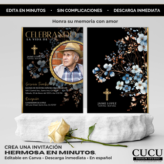 Invitación de funeral elegante negro y dorado con flores azules, diseño con foto circular, plantilla editable en Canva 5x7, vista frontal y posterior / Elegant black and gold funeral invitation with blue florals, circular photo layout, editable Canva template 5x7, front and back view
