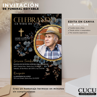 Tarjeta de funeral tamaño 5x7 con diseño elegante, flores decorativas y espacio para foto, fácil de editar en Canva / Funeral card 5x7 with elegant design, decorative flowers and photo space, easy to edit in Canva