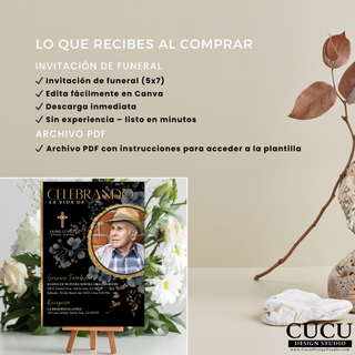 Invitación de funeral digital 5x7 incluida, plantilla editable en Canva con descarga inmediata, archivo PDF con instrucciones / Digital funeral invitation 5x7 included, editable Canva template with instant download, PDF instructions included
