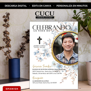 Invitación de funeral elegante en español con flores azules y marco dorado, diseño “Celebrando la vida”, foto circular y cruz religiosa, plantilla editable en Canva tamaño 5x7 / Elegant Spanish funeral invitation with blue florals and gold frame, “Celebrating life” design, circular photo and cross, editable Canva template 5x7