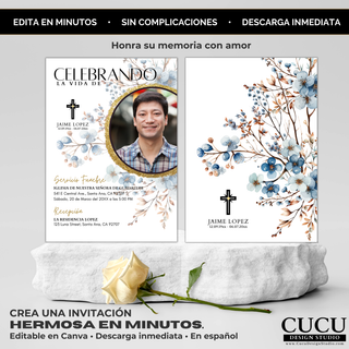 Invitación de funeral frente y reverso con diseño floral azul, homenaje en español con foto y detalles del servicio, plantilla Canva editable descarga digital / Front and back funeral invitation with blue floral design, Spanish memorial card with photo and service details, editable Canva template instant download