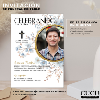 Invitación de funeral editable en Canva con diseño floral elegante, fácil de personalizar en minutos, agrega texto y foto, descarga inmediata en español / Editable funeral invitation Canva template with elegant floral design, easy to customize in minutes, add text and photo, instant download Spanish