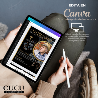 Plantilla de invitación de funeral editable en Canva desde tablet, celular o computadora, diseño elegante con foto / Funeral invitation template editable in Canva on tablet, phone or computer, elegant design with photo