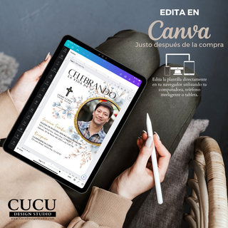Plantilla de invitación de funeral abierta en Canva en tablet, mostrando edición fácil con foto y texto, accesible en celular, computadora o tablet / Funeral invitation template open in Canva on tablet, showing easy editing with photo and text, accessible on phone, computer or tablet