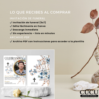 Contenido de compra de invitación funeral incluye tarjeta 5x7 editable en Canva, descarga digital con archivo PDF e instrucciones, lista en minutos / What’s included funeral invitation purchase includes 5x7 editable Canva card, digital download PDF with instructions, ready in minutes