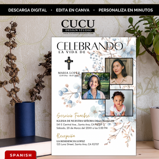 Invitación de funeral editable en Canva con diseño floral elegante, incluye múltiples fotos familiares, estilo memorial en español con cruz religiosa y detalles en tonos suaves / Editable funeral invitation Canva template with elegant floral design, includes multiple family photos, Spanish memorial style with cross and soft neutral tones, instant download
