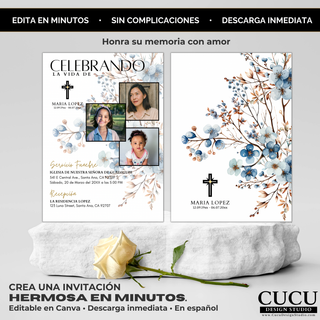 Plantilla de invitación de funeral frente y reverso editable en Canva, diseño floral azul y beige con marco dorado, tarjeta memorial en español lista para personalizar e imprimir / Front and back funeral invitation Canva template, blue and beige floral design with gold frame, Spanish memorial card ready to edit and print, instant download