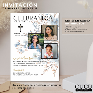 Invitación de funeral editable en Canva con instrucciones fáciles, cambia texto y fotos en minutos, diseño floral elegante en español ideal para servicios memoriales / Editable funeral invitation Canva template with easy instructions, customize text and photos in minutes, elegant floral Spanish design for memorial services