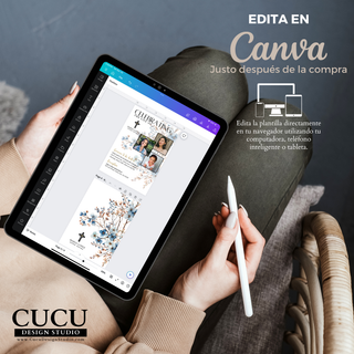 Plantilla de invitación de funeral editándose en Canva desde tablet, fácil de usar en celular, computadora o tablet, diseño floral elegante en español con descarga inmediata / Funeral invitation Canva template being edited on tablet, easy to use on phone, computer or tablet, elegant Spanish floral design with instant download