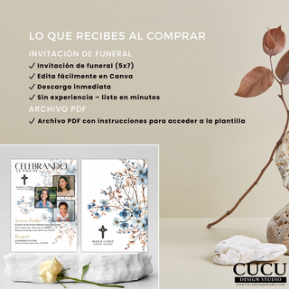 Contenido de la compra plantilla funeral Canva incluye invitación 5x7 editable, descarga inmediata y archivo PDF con instrucciones, diseño memorial en español fácil de usar / What’s included Canva funeral template purchase includes 5x7 editable invitation, instant download and PDF instructions, Spanish memorial design easy to use