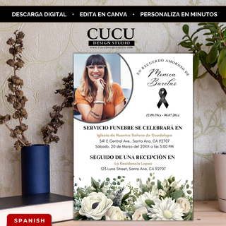 Plantilla de invitación de funeral en español con diseño floral elegante en tonos blancos y verdes, tarjeta memorial 5x7 editable en Canva con foto personalizada, descarga digital inmediata / Spanish funeral invitation template with elegant white and green floral design, 5x7 memorial card editable in Canva with custom photo, instant digital download