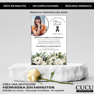 Invitación funeral elegante con flores suaves y foto personalizada, plantilla Canva editable fácil de usar para crear un homenaje significativo en minutos / Elegant funeral invitation with soft floral design and custom photo, easy to use Canva template to create a meaningful tribute in minutes