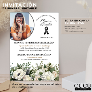 Plantilla de funeral editable en Canva en minutos, diseño floral elegante en español, fácil personalización desde celular o computadora sin experiencia / Funeral template editable in Canva in minutes, elegant floral design in Spanish, easy customization from phone or computer no experience needed