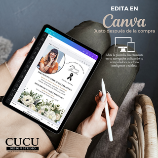 Edición de invitación funeral en Canva desde tablet, diseño floral elegante con foto personalizada, acceso inmediato y descarga digital / Editing funeral invitation in Canva on tablet, elegant floral design with custom photo, instant access and digital download