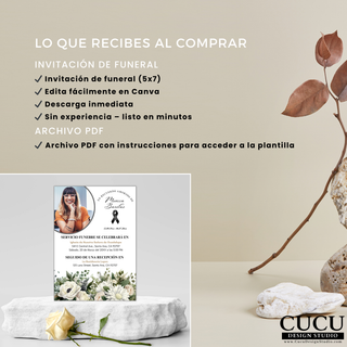 Lo que recibes plantilla funeral incluye tarjeta 5x7 editable en Canva, archivo PDF con instrucciones y descarga digital inmediata / What you receive funeral template includes 5x7 editable Canva card, PDF instructions file and instant digital download