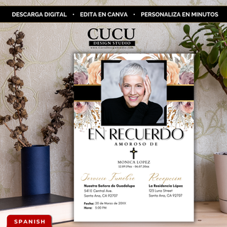 Plantilla de invitación de funeral en español editable en Canva con diseño floral elegante en tonos beige, negro y dorado, foto central y estilo clásico 5x7 descarga digital inmediata / Spanish editable funeral invitation template in Canva with elegant floral design in beige, black and gold tones, central photo layout, classic 5x7 instant download