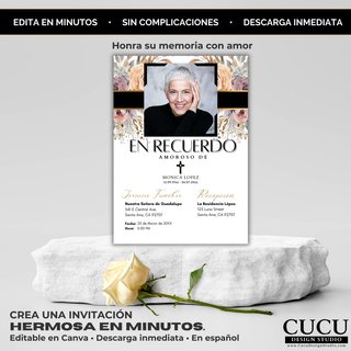Invitación de funeral elegante con flores suaves y diseño minimalista presentada sobre base con rosa blanca, plantilla Canva editable en español lista en minutos descarga inmediata / Elegant funeral invitation with soft floral design displayed on pedestal with white rose, editable Canva template in Spanish ready in minutes instant download