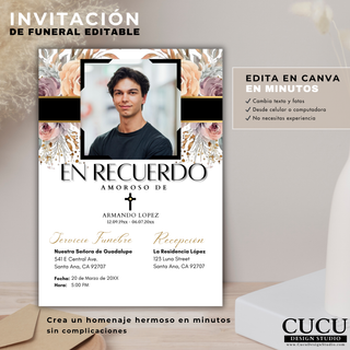 Plantilla de funeral editable en Canva en español con diseño floral elegante, incluye foto personalizada, fácil de editar desde celular o computadora sin experiencia descarga digital / Spanish funeral template editable in Canva with elegant floral layout, customizable photo, easy editing on phone or computer no experience needed instant download