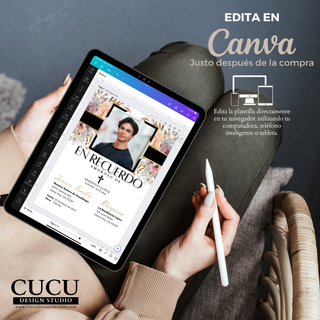Edición de invitación funeral en Canva desde tablet mostrando plantilla floral elegante con foto personalizada, fácil de usar en celular computadora o tablet descarga inmediata / Editing funeral invitation in Canva on tablet showing elegant floral template with custom photo, easy to use on phone computer or tablet instant download