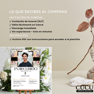 Lo que recibes al comprar plantilla de invitación de funeral 5x7 editable en Canva, descarga inmediata archivo PDF con instrucciones fácil de usar sin experiencia / What you receive funeral invitation template 5x7 editable in Canva, instant download PDF file with instructions easy to use no experience required