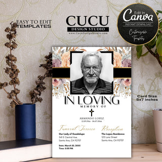 Funeral card online, Funeral invitation templates, In loving memory template canva, Funeral invite, Funeral card invitation online edit, Bereavement announcement cards,  Canva template, Funeral card, Funeral template, Loss of loved one, Printable funeral template, Funeral announcement, Sympathy cards, Death card, Celebration of life, In Loving memory template, Spanish celebration of life, servicio funebre, en memoria de