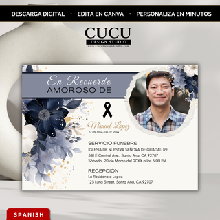 Invitación de funeral editable en Canva en español con flores azules elegantes, tarjeta memorial 5x7 con foto personalizable y detalles del servicio, descarga digital inmediata / Editable Spanish funeral invitation Canva template with elegant blue floral design, 5x7 memorial card with customizable photo and service details, instant download