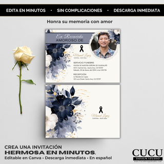 Plantilla de invitación de funeral doble cara con diseño floral azul, incluye frente y reverso de tarjeta memorial editable en Canva, ideal para homenaje elegante / Double sided funeral invitation template with blue floral design, includes front and back editable memorial card in Canva, perfect for elegant tribute