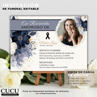 Invitación funeral editable en español con diseño floral azul y foto personalizada, plantilla Canva fácil de usar para crear homenaje en minutos / Spanish editable funeral invitation with blue floral design and custom photo, easy to use Canva template to create a meaningful tribute in minutes
