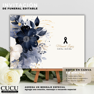Tarjeta memorial reverso con flores azules elegantes, espacio para mensaje especial o dedicatoria, plantilla editable en Canva descarga digital / Memorial card back side with elegant blue flowers, space for special message or dedication, editable Canva template instant download