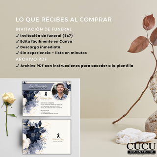 Plantilla de invitación de funeral incluye tarjeta 5x7 editable en Canva, descarga inmediata, fácil personalización sin experiencia necesaria / Funeral invitation template includes 5x7 editable card in Canva, instant download, easy customization no experience needed
