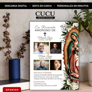 Plantilla de invitación funeral editable en Canva en español con Virgen de Guadalupe, tarjeta memorial elegante con fotos familiares y detalles del servicio, descarga digital inmediata / Editable Spanish funeral invitation Canva template with Virgin of Guadalupe, elegant memorial card with photos and service details, instant download