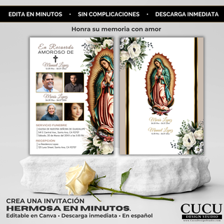 Invitación de funeral con diseño de Virgen de Guadalupe frente y reverso, plantilla editable en Canva con flores blancas y estilo elegante, tarjeta memorial descargable / Funeral invitation front and back design with Virgin of Guadalupe, editable Canva template with white floral elements, elegant downloadable memorial card
