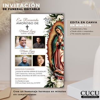 Invitación de funeral editable en Canva en minutos, plantilla con Virgen de Guadalupe, diseño elegante con fotos familiares, fácil de personalizar sin experiencia / Editable funeral invitation in Canva in minutes, Virgin of Guadalupe template with family photos, elegant design easy to customize no experience needed