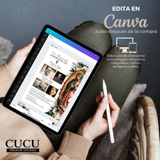 Plantilla de invitación funeral editable en Canva desde celular, tablet o computadora, diseño con Virgen de Guadalupe fácil de personalizar y descargar / Funeral invitation template editable in Canva on phone tablet or computer, Virgin of Guadalupe design easy to customize and download instantly
