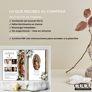 Plantilla funeral descarga digital incluye invitación 5x7 editable en Canva y archivo PDF con instrucciones, diseño elegante religioso listo en minutos / Digital funeral template includes editable 5x7 invitation in Canva and PDF instructions file, elegant religious design ready in minutes