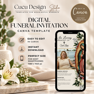 Digital Funeral Invitation Canva template preview shown on a smartphone mockup, with decorative flowers and a warm beige background. Text reads 'Cucu Design Studio', 'Digital Funeral Invitation Canva Template', 'Easy to Edit in Canva', 'Instant Download', and 'Perfect Size for Most Smartphones 1080 x 1920 px'.