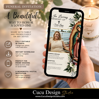 A hand holds a smartphone displaying a digital funeral invitation template with a religious memorial design. The left side includes marketing text and icons for Canva editing, instant download, and phone sharing.