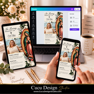 Digital memorial service templates displayed on a laptop, tablet, and smartphone held by hands, with a coffee cup and flowers in the background. The templates feature a religious illustration of Our Lady of Guadalupe and customizable text fields.