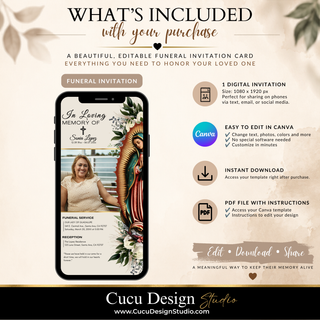 Promotional graphic for a digital Canva funeral invitation template, showing a phone mockup with the invitation design and text detailing what is included: a digital invitation, editable design in Canva, instant download, and PDF file with instructions. Brand name Cucu Design Studio is visible at the bottom.
