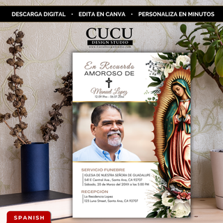 Invitación de funeral en español con diseño elegante y religioso de la Virgen de Guadalupe, plantilla editable en Canva con flores suaves en tonos beige, verde y dorado, incluye foto personalizada y detalles del servicio fúnebre / Spanish funeral invitation template with Virgin of Guadalupe design, elegant floral layout in beige, green and gold tones, editable in Canva, customizable photo and funeral details included.